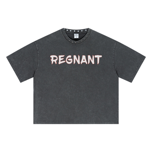 310GSM Men’s Boxy-Fit Distressed Fried-Color Snow-Wash Studded Loose T-shirt Vintage dark gray