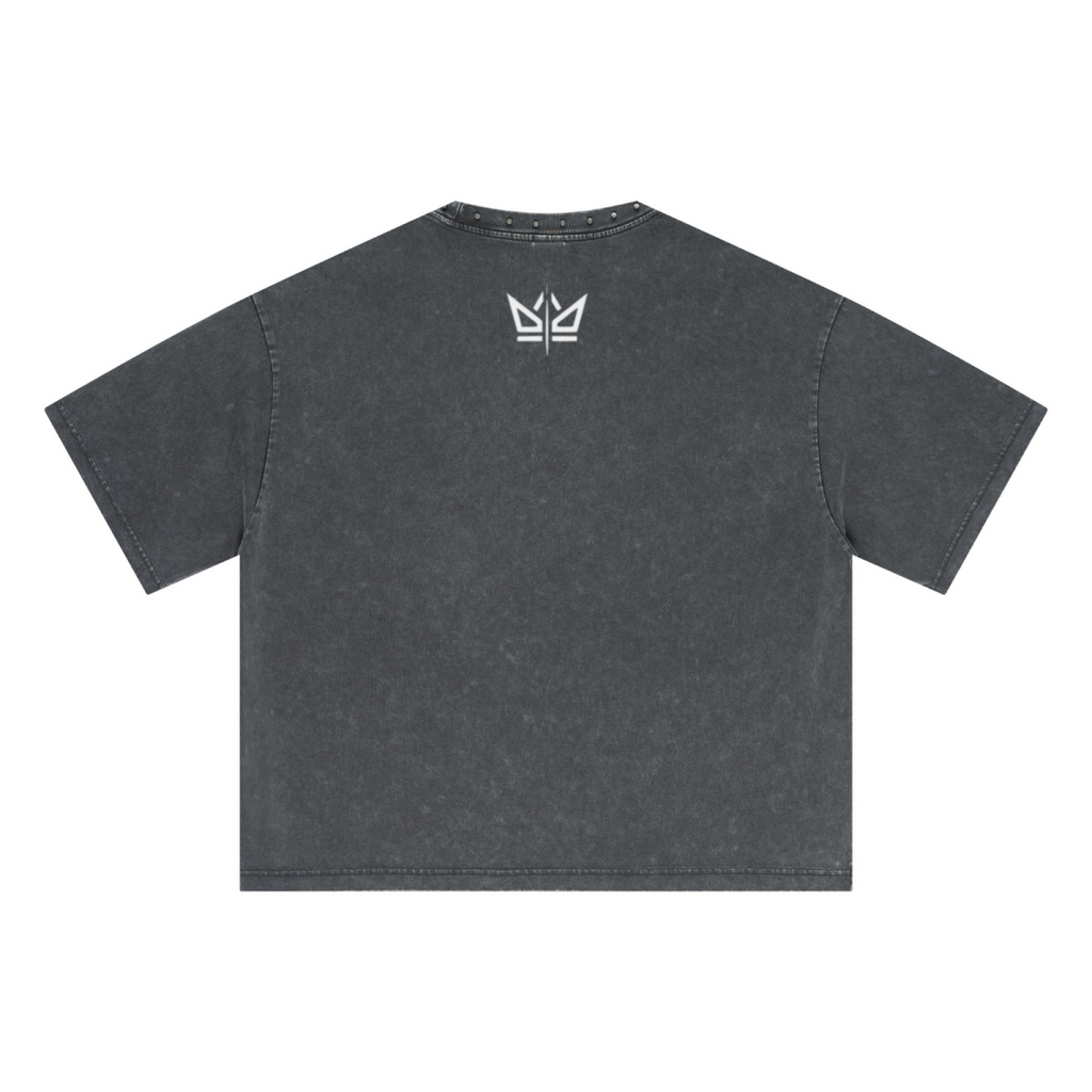 310GSM Men’s Boxy-Fit Distressed Fried-Color Snow-Wash Studded Loose T-shirt Vintage dark gray