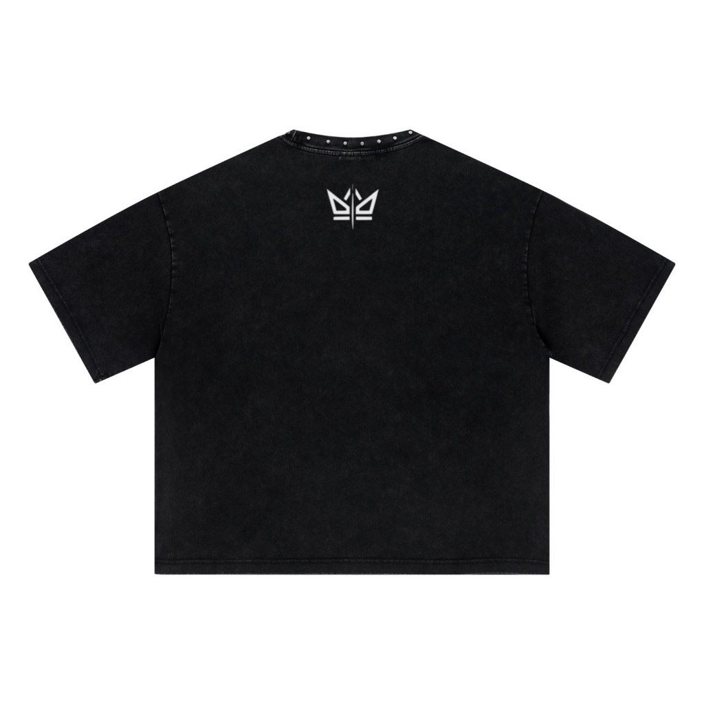 310GSM Men’s Boxy-Fit Distressed Fried-Color Snow-Wash Studded Loose T-shirt Vintage black