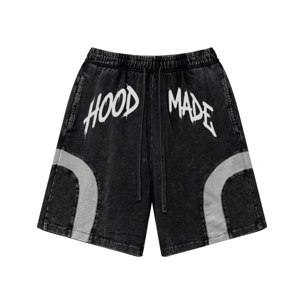 330GSM Unisex Heavyweight Contrast-Panel Snow-Washed Shorts Black/Medium Grey